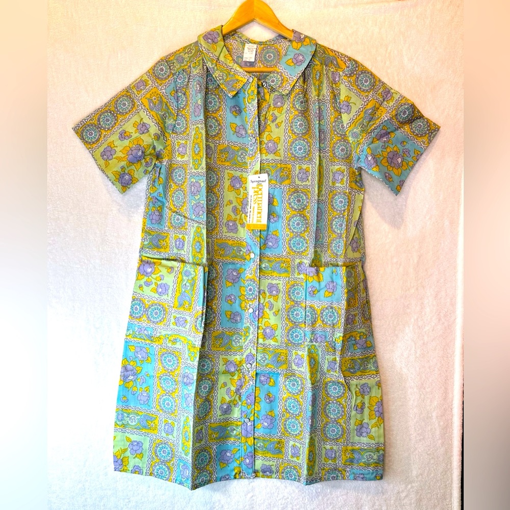 NWT VTG Springmaid Fabric colorful House Dress Coat Pearl snap & pockets size 16